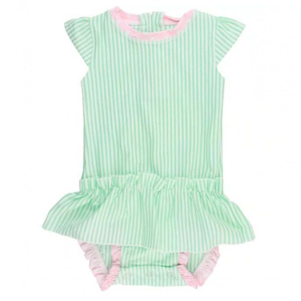 RuffleButts | Baby Girls Swimsuit | Green/White Seersucker | Size 6-12 Months